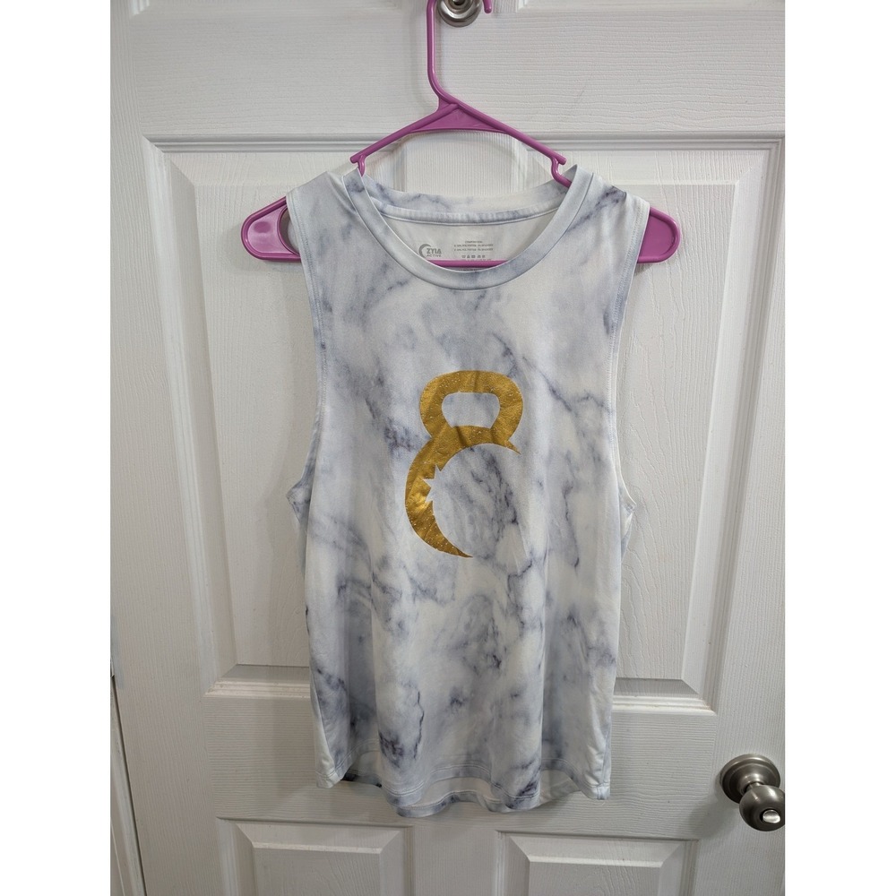 Zyia Active Muscle Tank Women White Grey Marble Gold Kettle Moon - Size‎ L